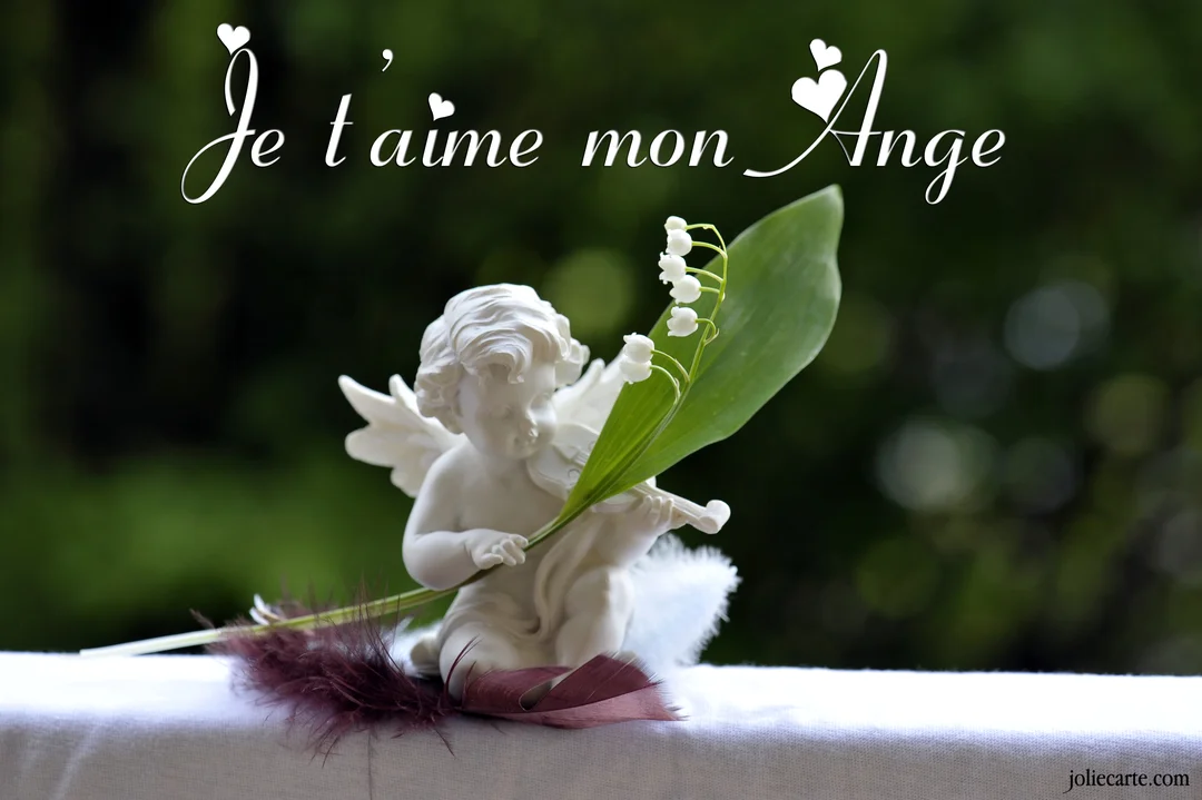 Une statuette blanche d'un ange musicien est assise, tenant un brin de muguet, avec le texte 'Je t'aime mon ange' superposé.