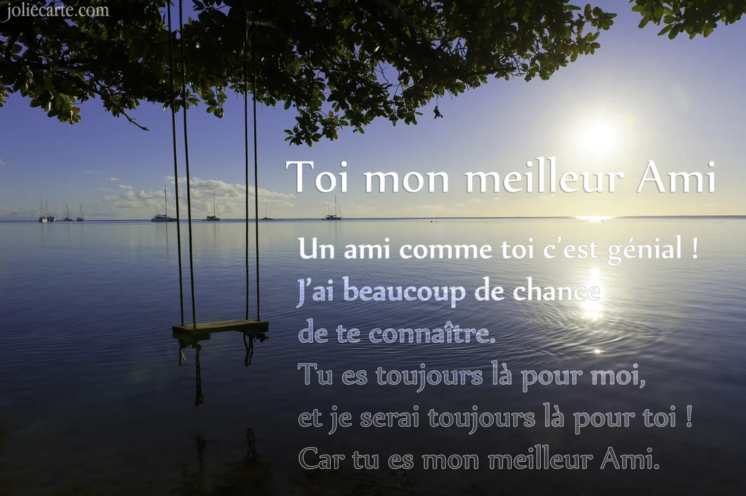 Une balançoire en bois est suspendue à un arbre au-dessus d'une mer calme au lever du soleil, avec un poème d'amitié superposé.