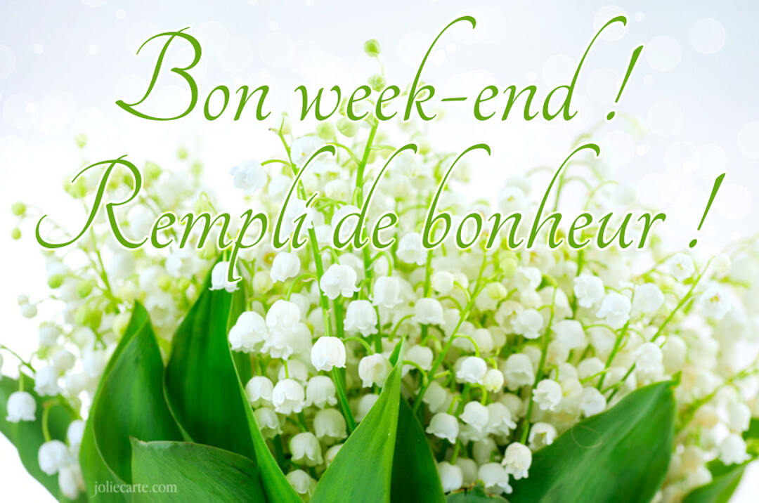 Gros plan sur un bouquet dense de muguet blanc aux feuilles vertes, avec le texte 'Bon week-end ! Rempli de bonheur !'.