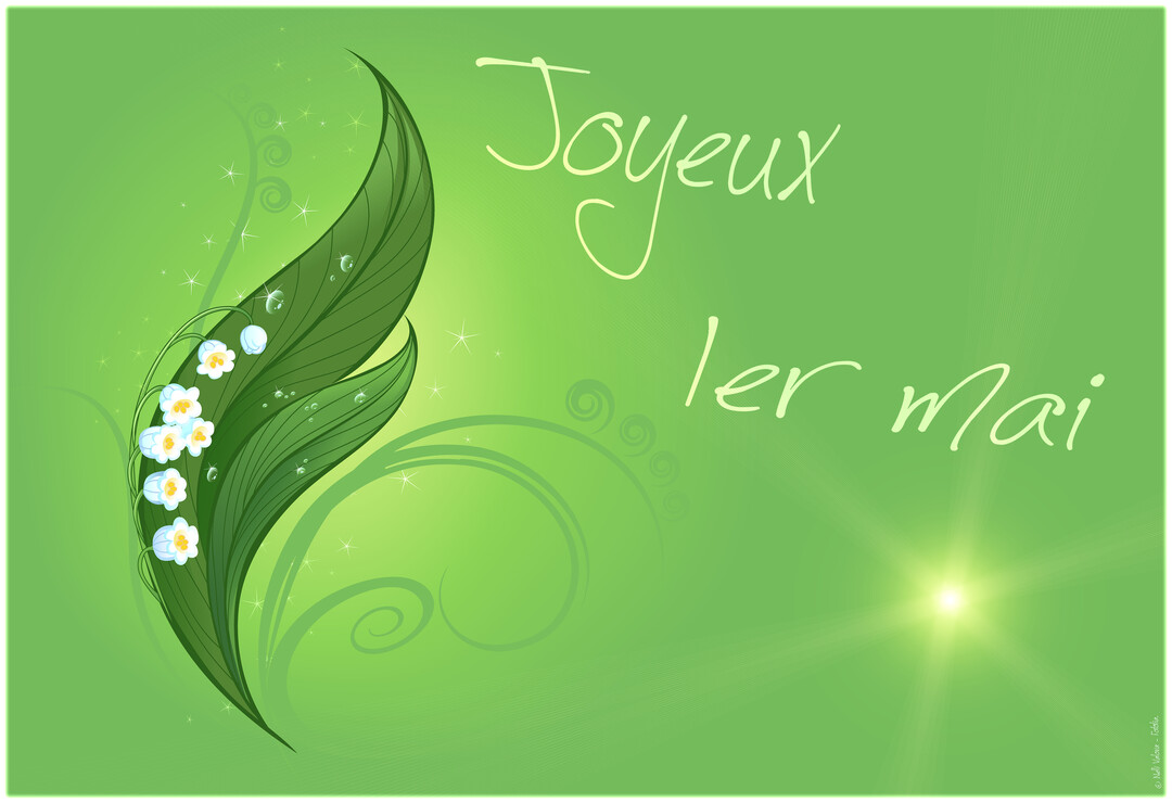 Une illustration d'un brin de muguet blanc sur une grande feuille verte, avec le texte 'Joyeux 1er mai' sur un fond vert lumineux.