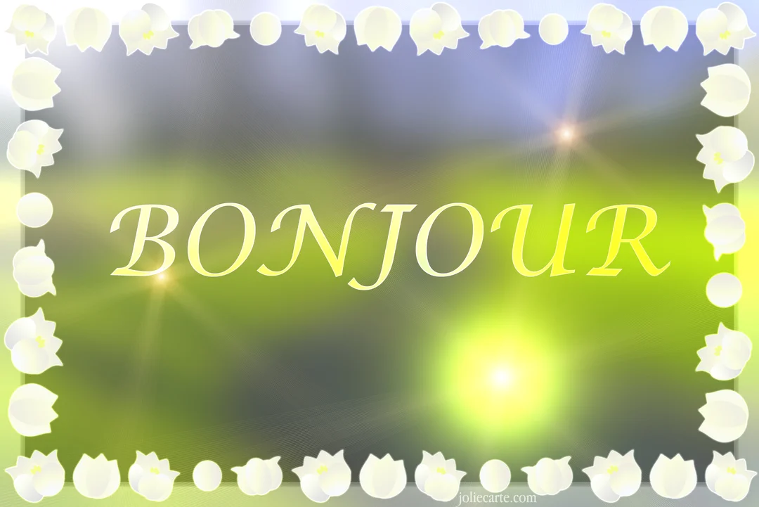 Une carte de vœux pour le 1er mai affichant 'Bonjour' en lettres jaunes sur fond vert, bordée de fleurs de muguet stylisées.