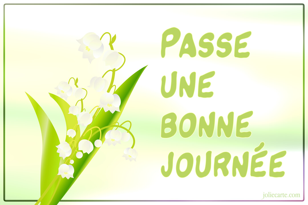 Une illustration stylisée d'un bouquet de muguet avec ses clochettes blanches et ses feuilles vertes, sur un fond dégradé vert et blanc.