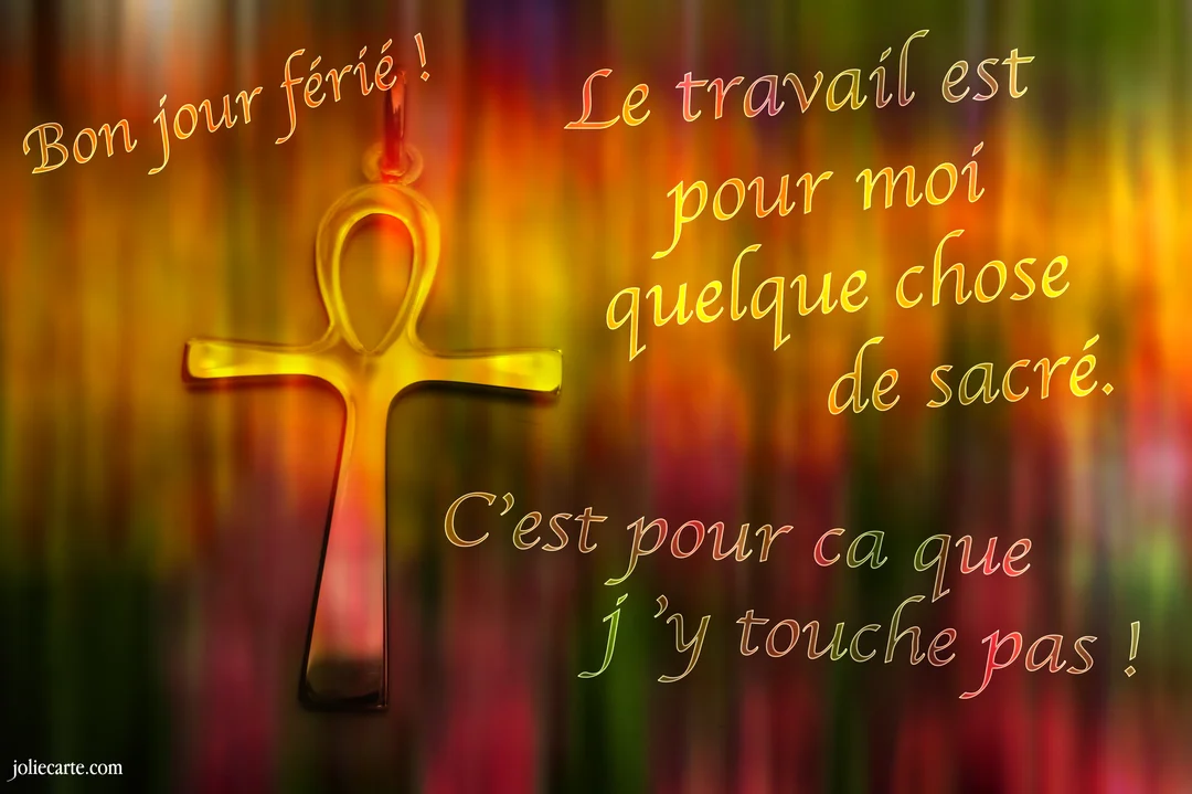 Une croix de vie égyptienne (Ankh) dorée est superposée à un fond abstrait et coloré, accompagnée d'un texte humoristique sur le travail.