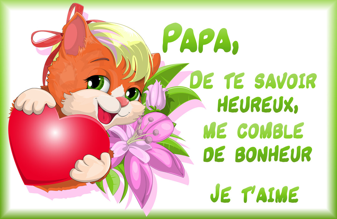 Un chaton roux de style dessin animé, avec des cheveux blonds, tient un cœur rouge près de fleurs roses sur un fond blanc.