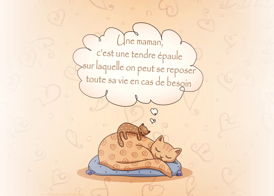 Une maman chat et son chaton endormis sur un coussin, sous une bulle de pensée contenant une citation sur les mamans.