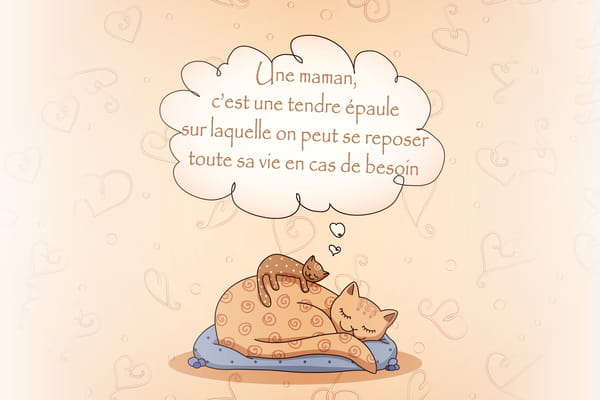 Illustration de chats pour la Fête des Mères. Une maman chat et son chaton dorment tendrement, avec la citation sur le réconfort maternel.