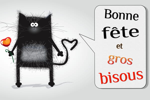 Carte pour la Fête des Mères avec un dessin de chat noir poilu qui tient une fleur en forme de cœur et dit 'Bonne fête et gros bisous'.