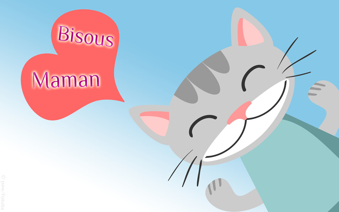 Un chat gris au style dessin animé sourit tendrement, les yeux fermés, sur un fond bleu, avec une bulle en forme de cœur disant 'Bisous Maman'.