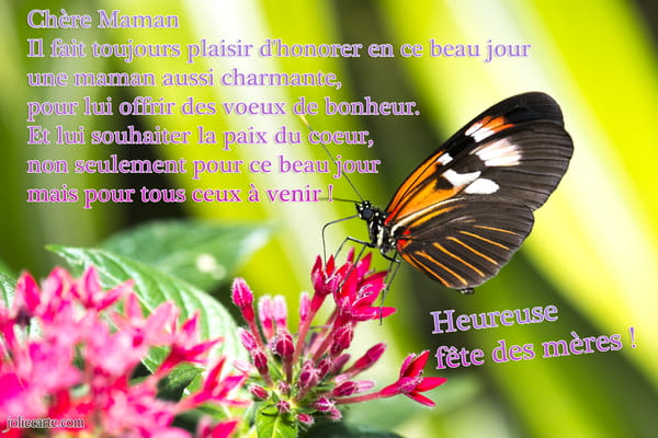 Carte de Fête des Mères avec un poème affectueux et un papillon orange et noir posé sur des fleurs fuchsia.