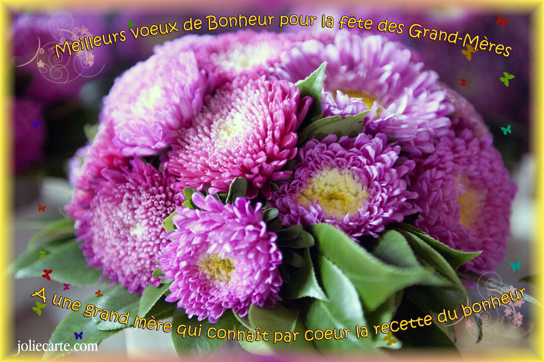 Un bouquet d'asters violets et jaunes est au centre d'une carte de vœux pour la Fête des Grands-Mères avec un texte manuscrit.