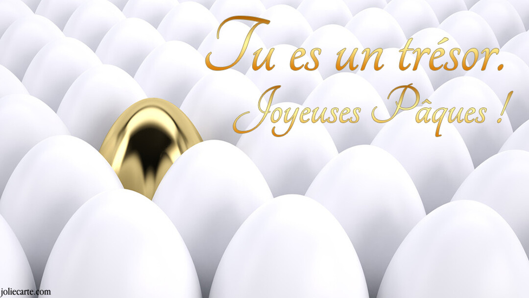 Une illustration en 3D montre un œuf doré brillant qui se démarque au milieu d'une multitude d'œufs blancs, avec un message festif.