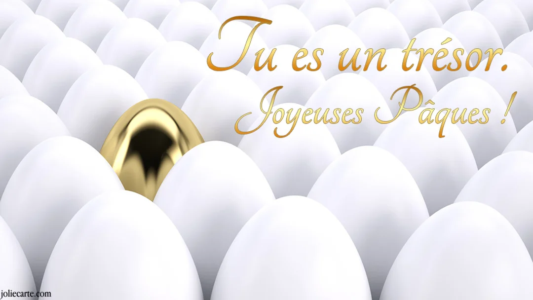 Une illustration en 3D montre un œuf doré brillant qui se démarque au milieu d'une multitude d'œufs blancs, avec un message festif.