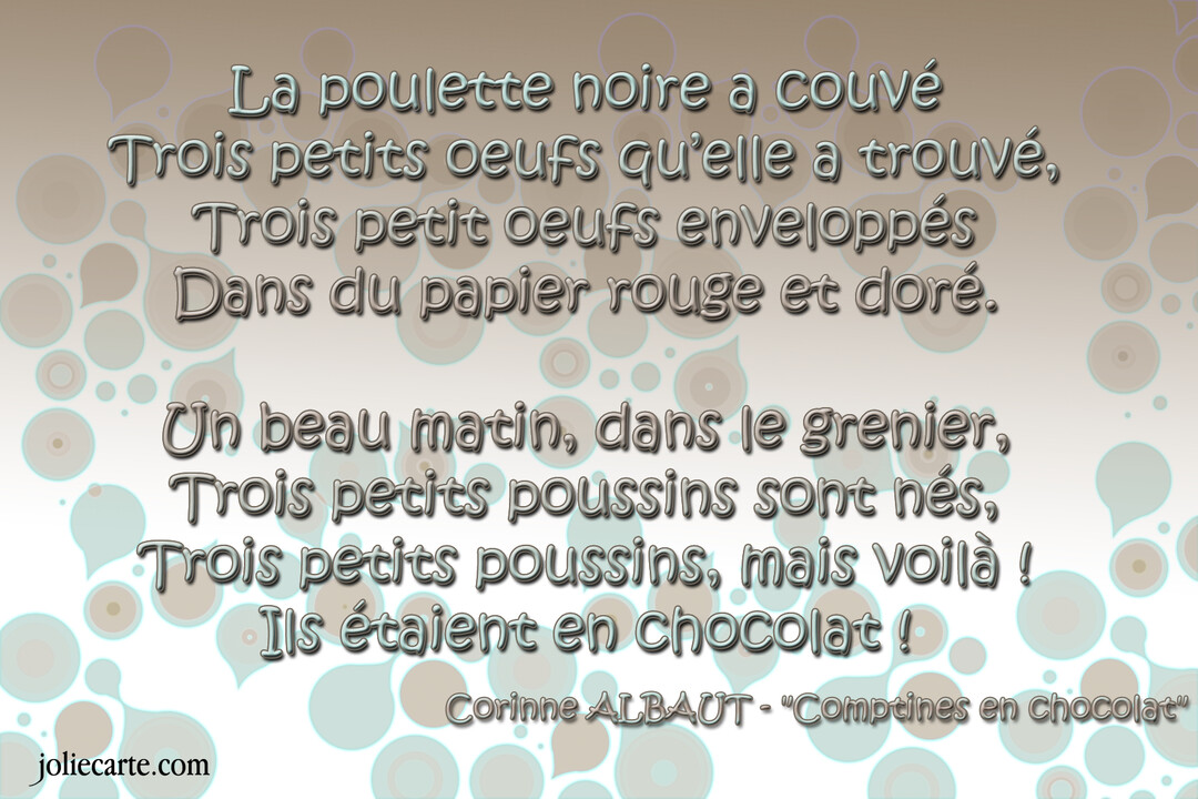 Une carte de Pâques présentant un poème pour enfants sur un fond abstrait composé de cercles et de formes douces marron et bleu clair.