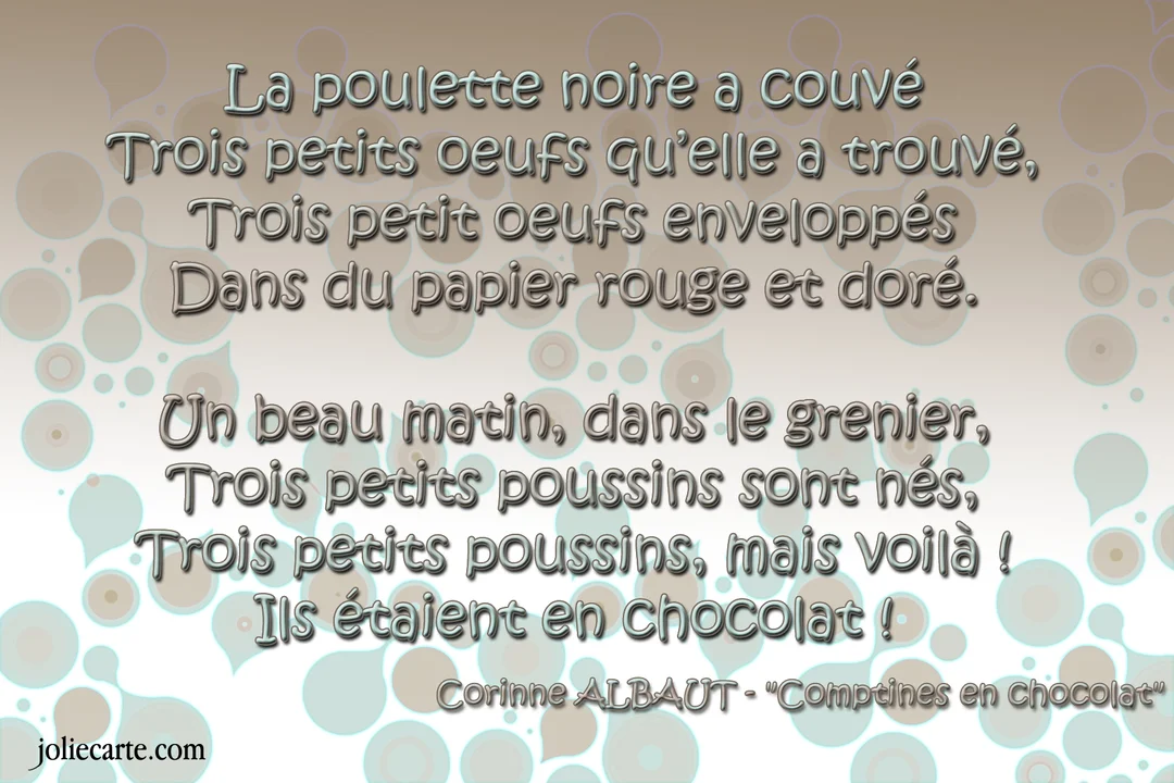 Une carte de Pâques présentant un poème pour enfants sur un fond abstrait composé de cercles et de formes douces marron et bleu clair.