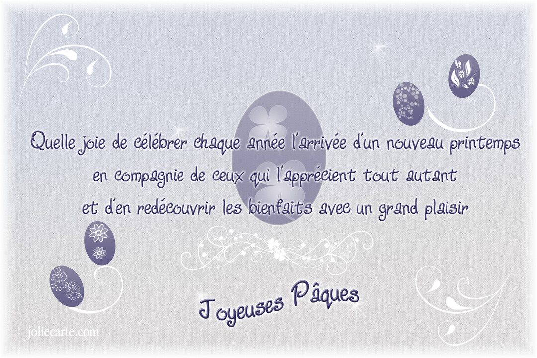 Une carte de vœux pour Pâques sur un fond texturé parme, avec un texte central, des œufs violets et des ornements floraux blancs.