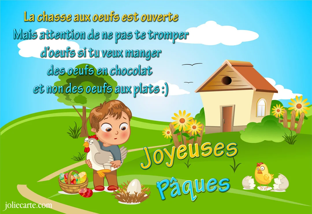 Un jeune garçon dans un paysage printanier tient une poule, participant à une chasse aux oeufs de Pâques avec un poussin et un panier.