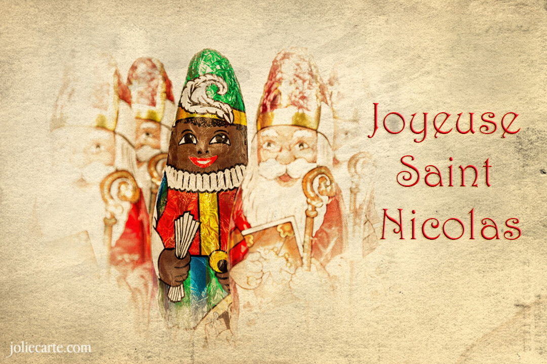 Sur un fond de papier vieilli, des chocolats de la Saint-Nicolas et du Père Fouettard sont illustrés avec un texte 'Joyeuse Saint Nicolas'.