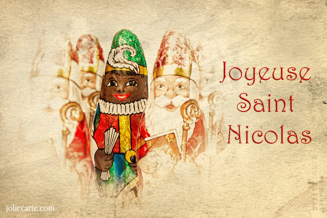 Sur un fond de papier vieilli, des chocolats de la Saint-Nicolas et du Père Fouettard sont illustrés avec un texte 'Joyeuse Saint Nicolas'.