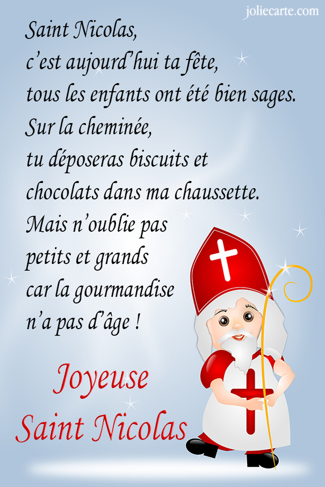 Une illustration enfantine représente Saint Nicolas souriant, tenant sa crosse dorée, sur un fond bleu à côté d'un poème festif.