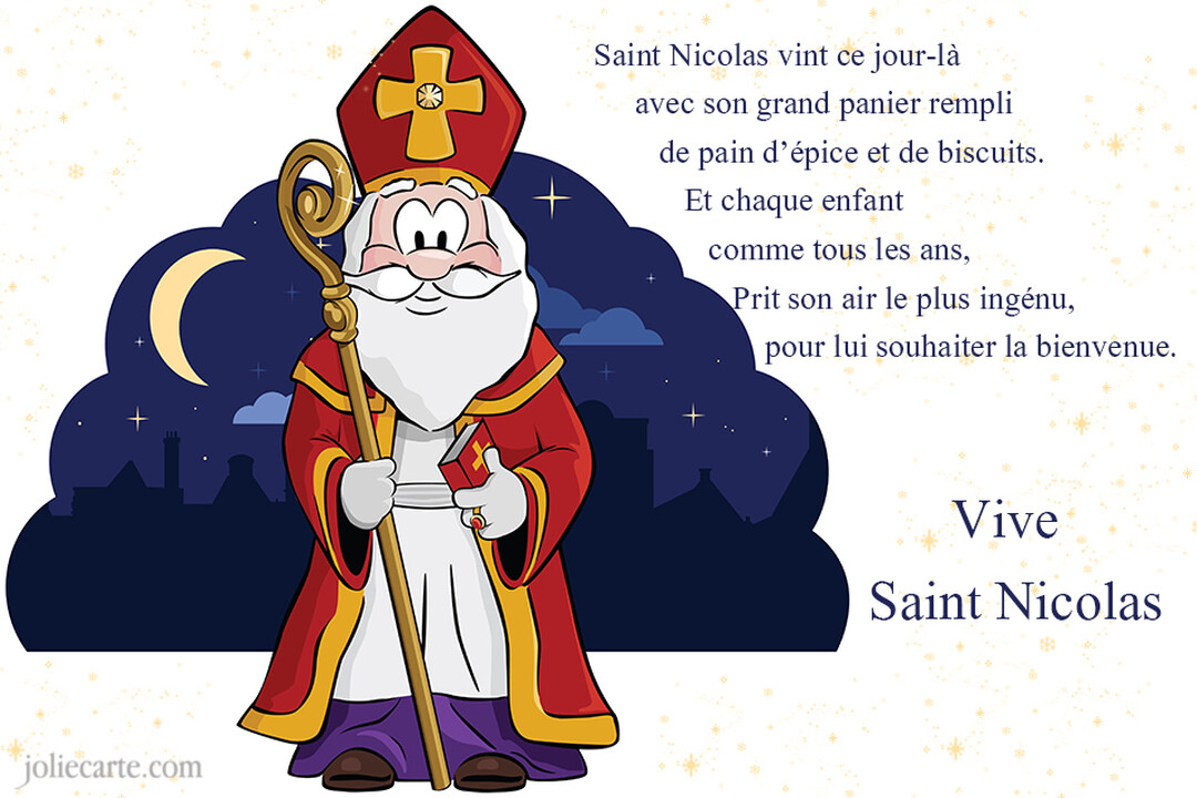 Une illustration de Saint Nicolas en habits d'évêque rouges et blancs, tenant une crosse dorée devant un ciel nocturne étoilé.