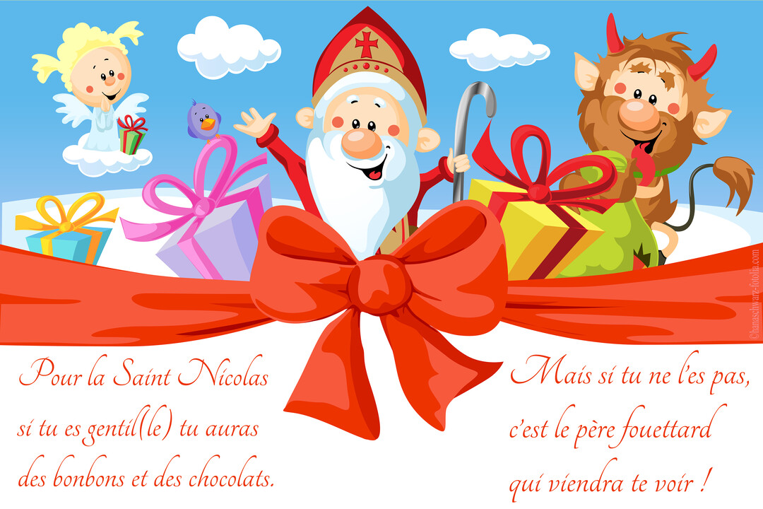 Une illustration enfantine montre Saint Nicolas, le Père Fouettard et un ange au-dessus de cadeaux, avec un grand nœud rouge au premier plan.