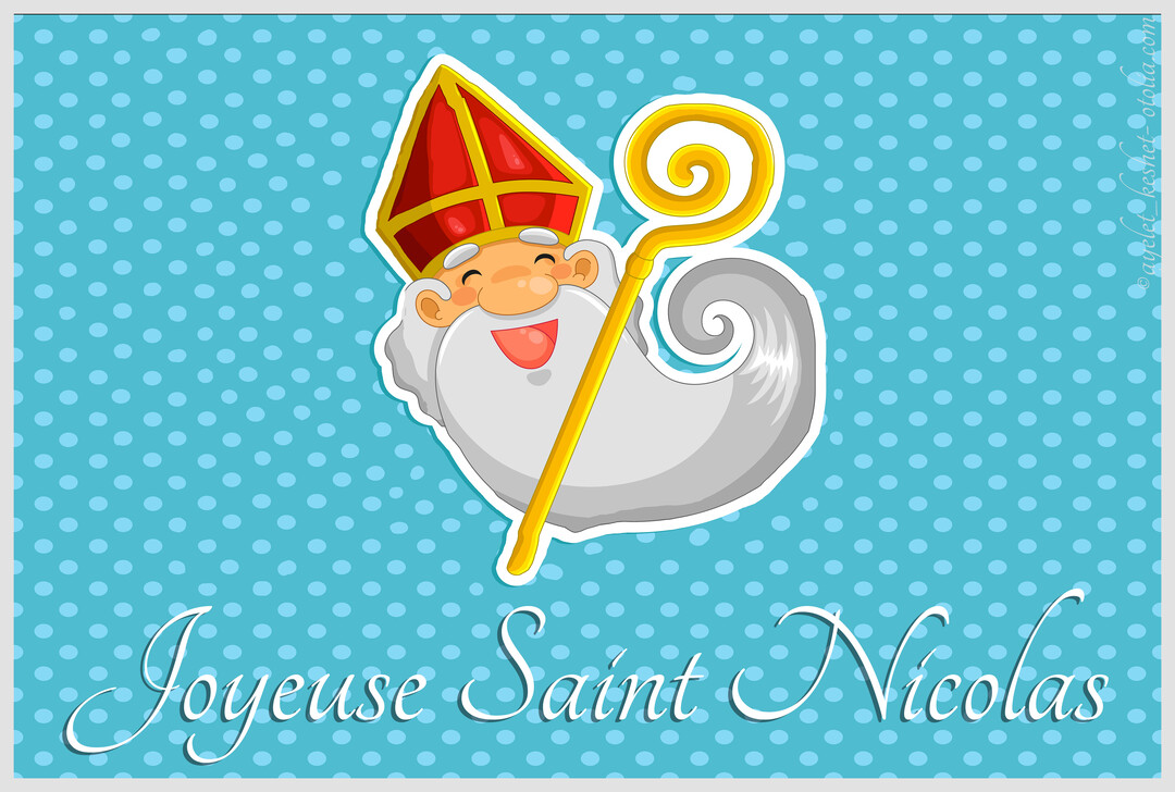 Une illustration enfantine de Saint Nicolas, avec sa mitre rouge et sa crosse dorée, souriant joyeusement sur un fond bleu à pois.