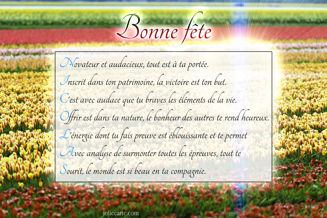 Un poème acrostiche pour le prénom Nicolas est superposé sur un fond représentant un vaste champ de tulipes multicolores sous un ciel lumineux.
