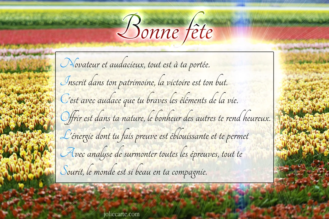 Un poème acrostiche pour le prénom Nicolas est superposé sur un fond représentant un vaste champ de tulipes multicolores sous un ciel lumineux.