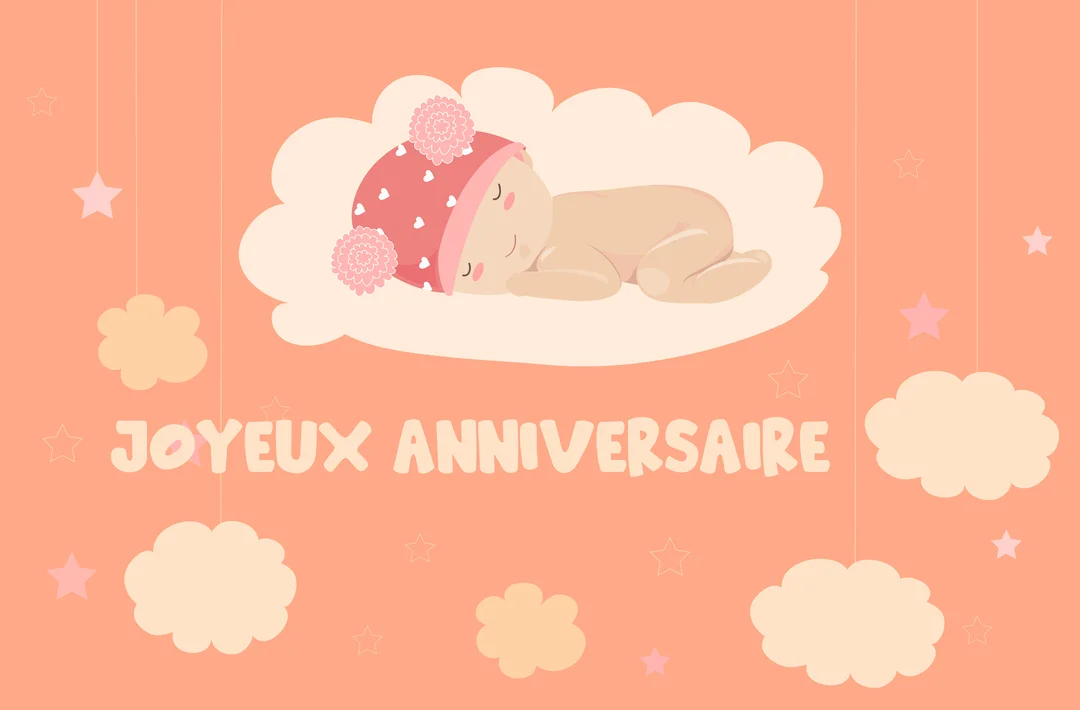 Illustration d'un bébé endormi sur un nuage blanc, portant un bonnet à cœurs, sur un fond pêche parsemé d'étoiles et de nuages suspendus.