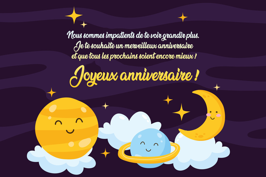 Une illustration enfantine montre des planètes et une lune aux visages souriants flottant sur des nuages dans un ciel nocturne étoilé.