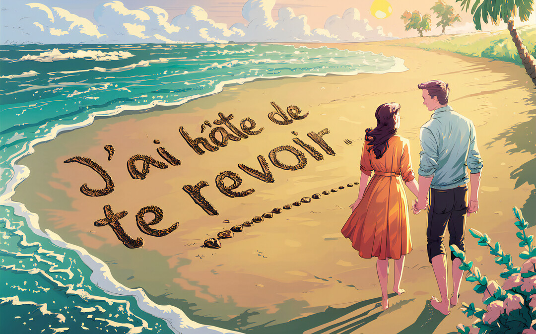 Illustration d'un homme et d'une femme marchant main dans la main sur le sable, où est écrit 'J'ai hâte de te revoir'.