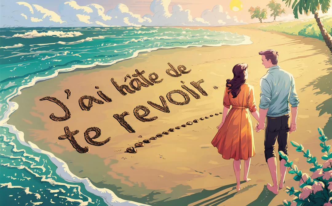 Illustration d'un homme et d'une femme marchant main dans la main sur le sable, où est écrit 'J'ai hâte de te revoir'.