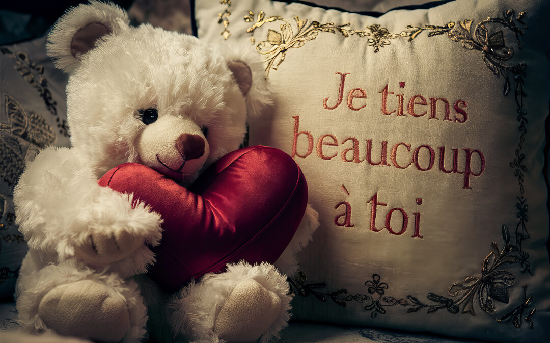 Un ours en peluche blanc et souriant serre un cœur rouge, assis près d'un coussin crème où est brodé 'Je tiens beaucoup à toi'.