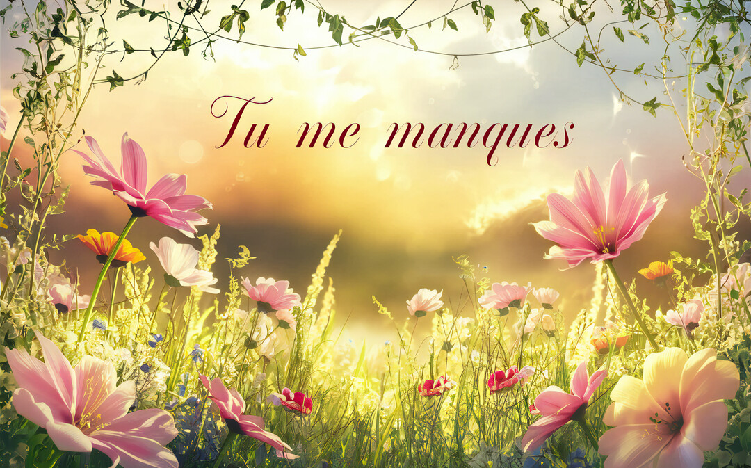 Une illustration poétique d'un champ de fleurs sauvages baigné par la lumière dorée d'un soleil couchant, avec le texte 'Tu me manques'.