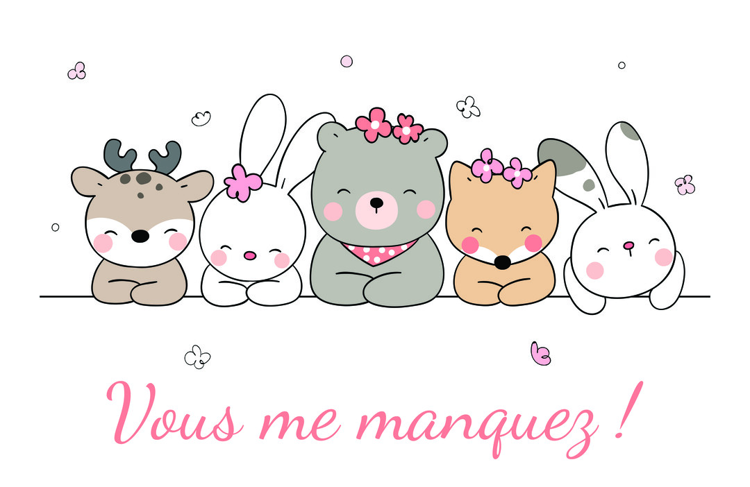 Cinq adorables animaux de la forêt, dont un cerf, un ours et des lapins, sont alignés avec le texte 'Vous me manquez !' en dessous.