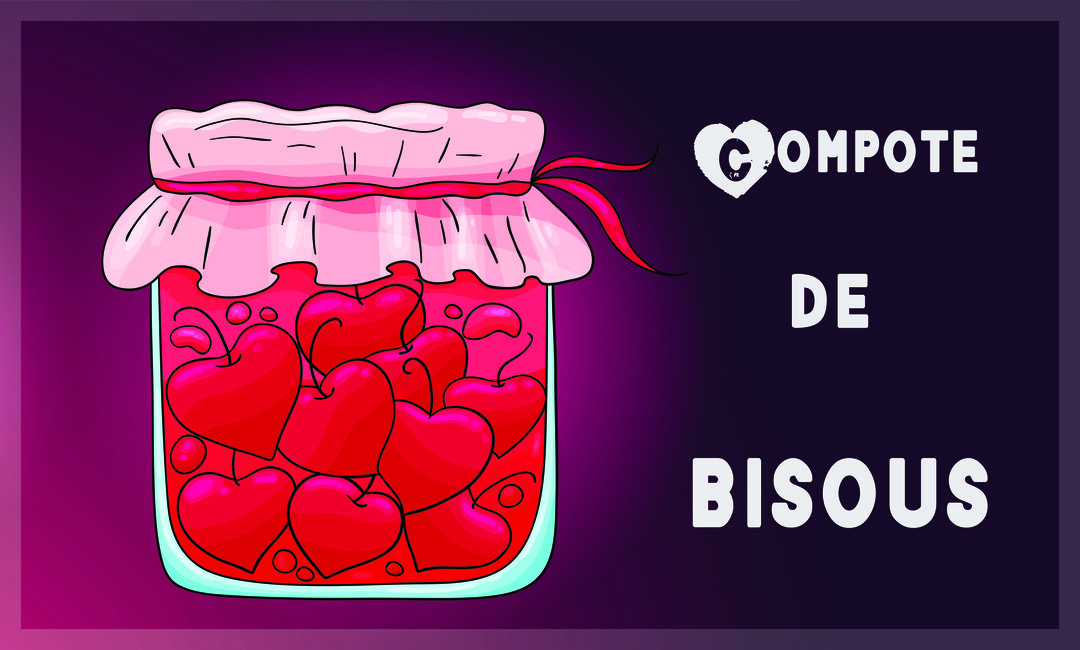 Un pot de conserve en verre, couvert d'un tissu rose, est rempli de cœurs rouges, avec le texte à côté 'Compote de bisous'.