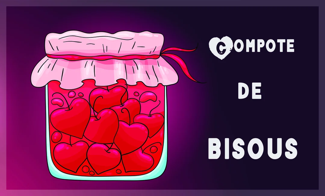 Un pot de conserve en verre, couvert d'un tissu rose, est rempli de cœurs rouges, avec le texte à côté 'Compote de bisous'.