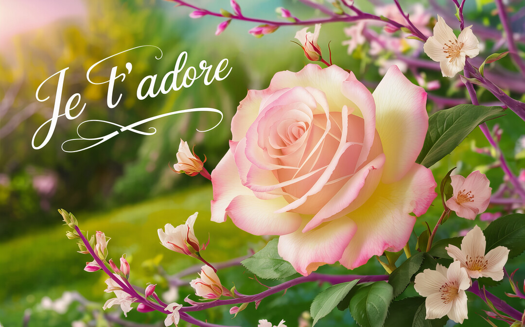 Une rose rose et jaune en gros plan est mise en valeur devant un jardin flou, avec le texte 'Je t'adore' en calligraphie.