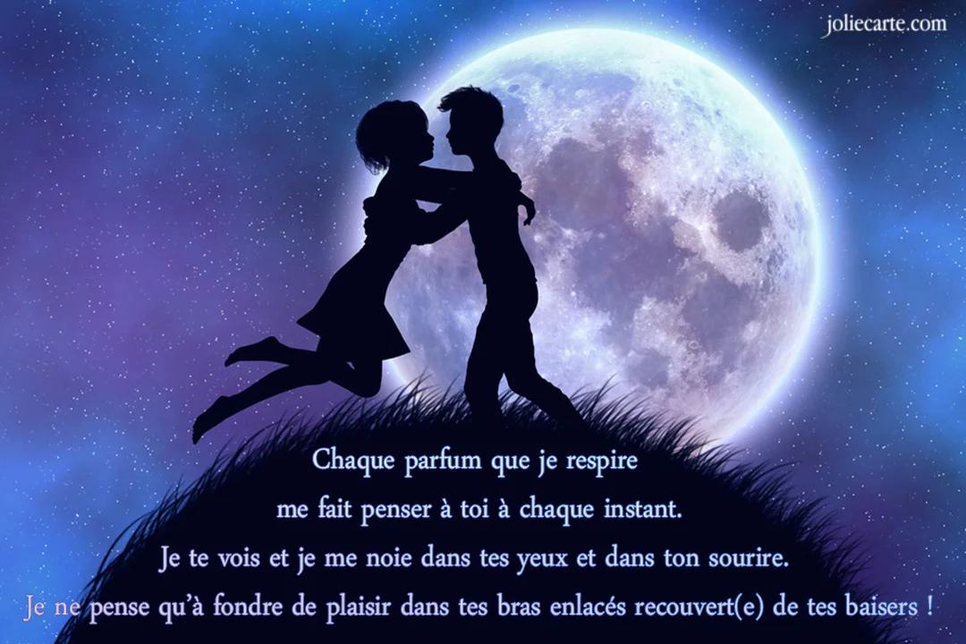 En silhouette, un couple d'amoureux s'enlace tendrement sur une colline, sous un ciel nocturne étoilé dominé par une grande pleine lune.