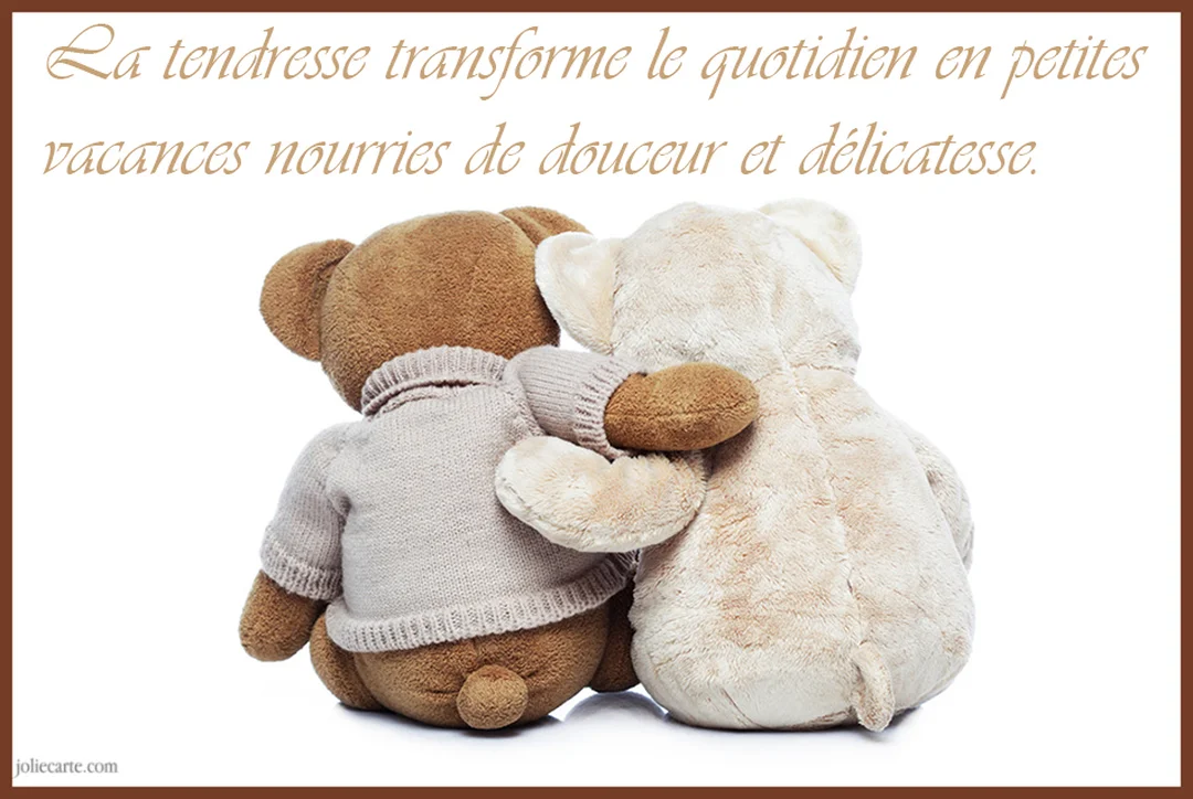 Deux oursons en peluche sont assis de dos sur un fond blanc, l'un enlaçant l'autre avec son bras passé sur ses épaules.