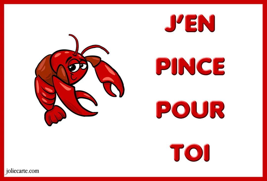 Un homard rouge de style cartoon sourit timidement à côté du texte 'J'en pince pour toi', écrit en lettres rouges sur fond blanc.