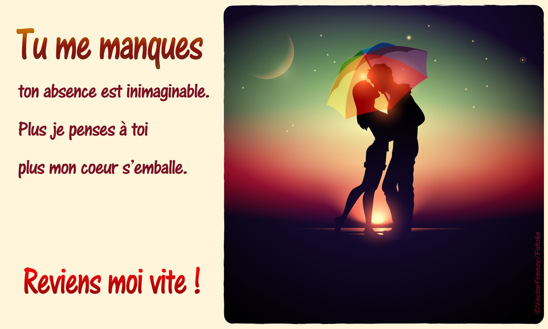 Silhouette d'un couple s'embrassant sous un parapluie multicolore, devant un coucher de soleil sur un ciel étoilé avec un croissant de lune.