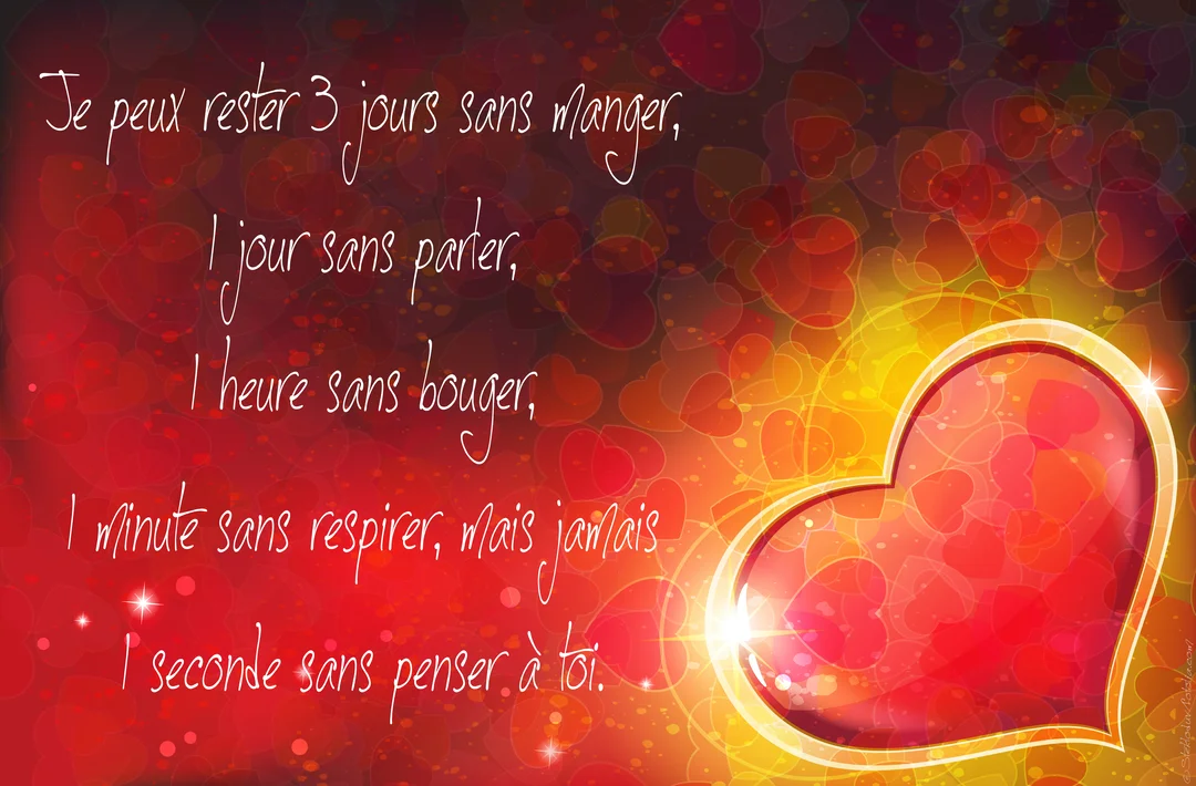 Une carte d'amour avec un texte poétique blanc sur un fond rougeoyant rempli de cœurs, à côté d'un grand cœur étincelant.