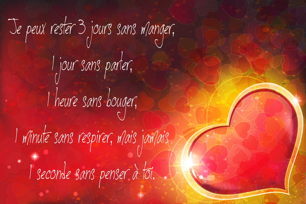 Carte romantique avec un grand cœur rouge brillant et le texte manuscrit 'Jamais une seconde sans penser à toi' sur un fond rougeoyant de cœurs.