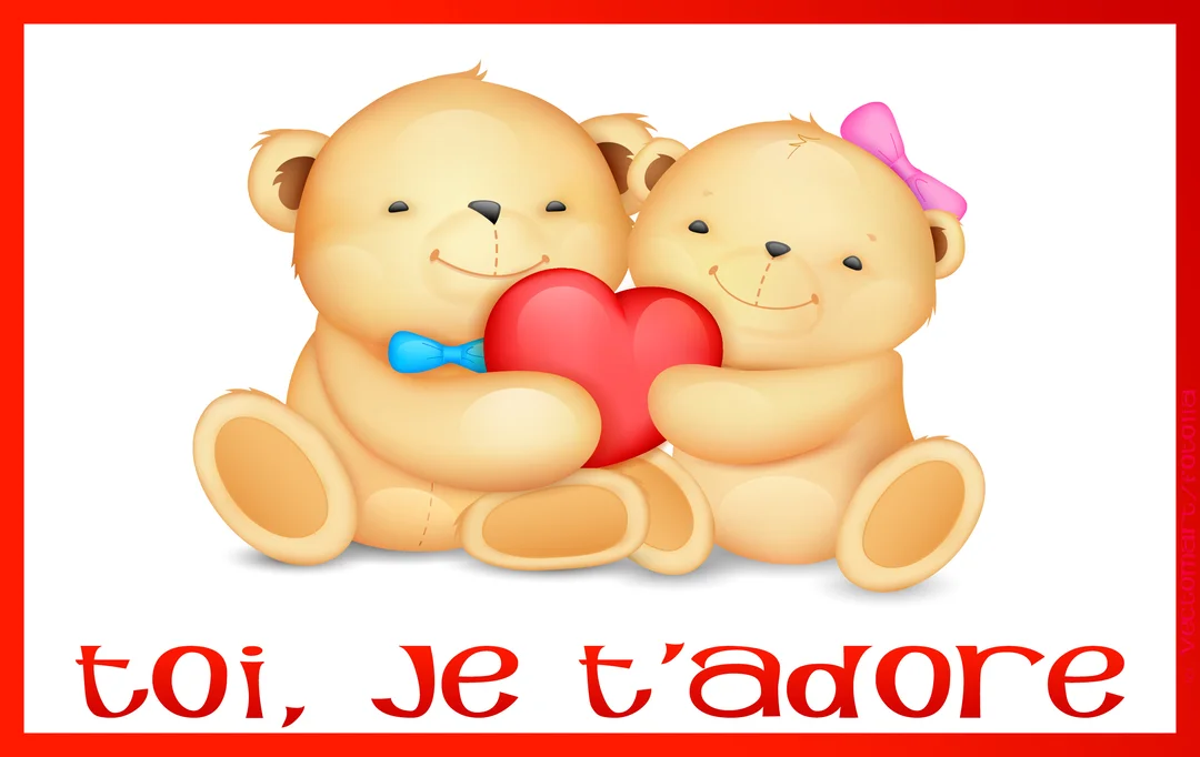 Deux oursons en peluche souriants, assis côte à côte, tiennent ensemble un grand cœur rouge vif sur un fond blanc.