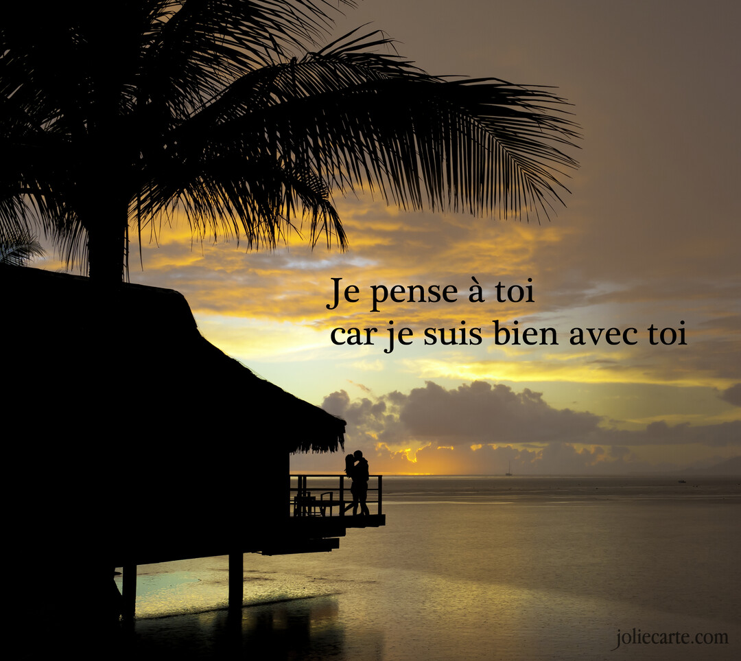 Silhouette d'un couple s'embrassant au crépuscule sur le balcon d'un bungalow sur pilotis, avec un palmier et un ciel orangé.