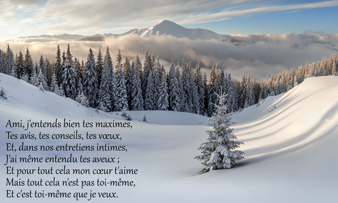 Un poème est superposé sur un paysage hivernal montagnard avec des sapins couverts de neige et un pic s'élevant au-dessus des nuages.