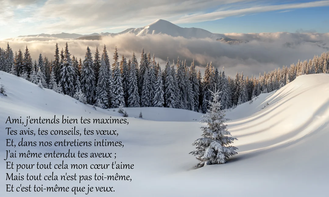 Un poème est superposé sur un paysage hivernal montagnard avec des sapins couverts de neige et un pic s'élevant au-dessus des nuages.