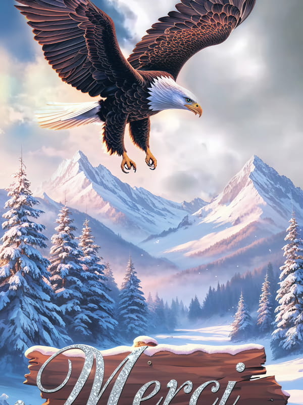 Carte de remerciement avec un aigle pygargue en vol au-dessus d'un paysage de montagnes enneigées et un panneau en bois 'Merci'.
