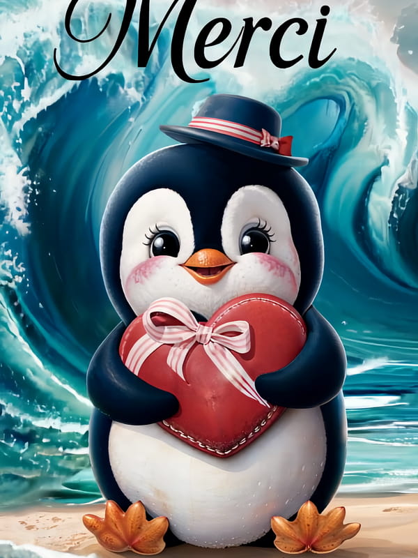 Carte de remerciement estivale avec un adorable pingouin de dessin animé sur une plage, tenant un cœur rouge avec un ruban, devant de grandes vagues.